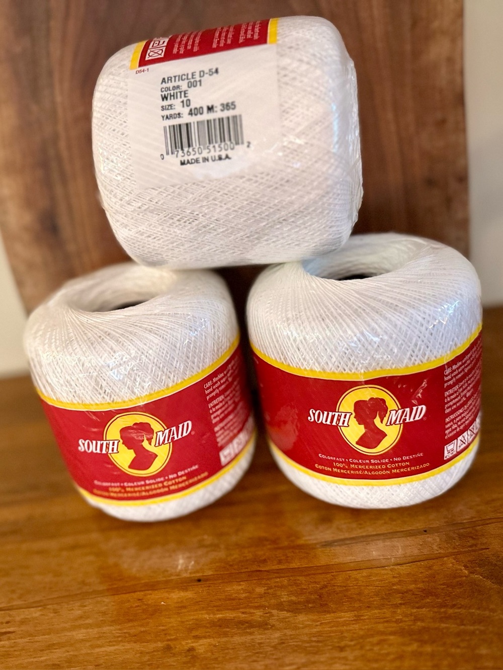 Crochet Thread South Maid 100% Mercerised COTTON #D-54 Color 001 WHITE Size 10